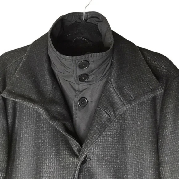 John Varvatos Wool Blend Overcoat Trench Coat Lined Black Grey - Picture 2 of 10